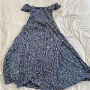 fitted bodice off the shoulder midi dress